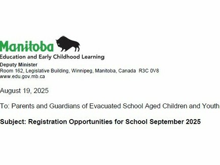 shows a snapshot of the top portion of the letter dated August 19, 2025 to parents and guardians of evacuated school aged children and youth. Letter is from the department of the Deputy Minister of Manitoba Education and Early Childhood Learning